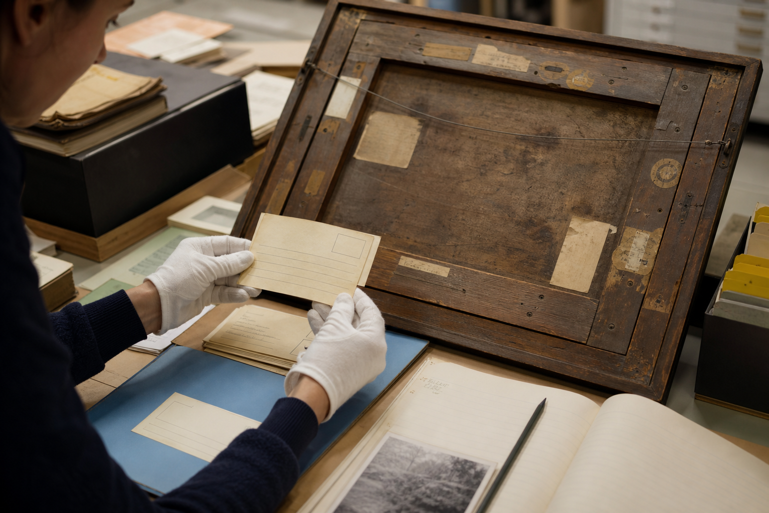 Museumregistrator onderzoekt oude labels op de achterzijde van een schilderij