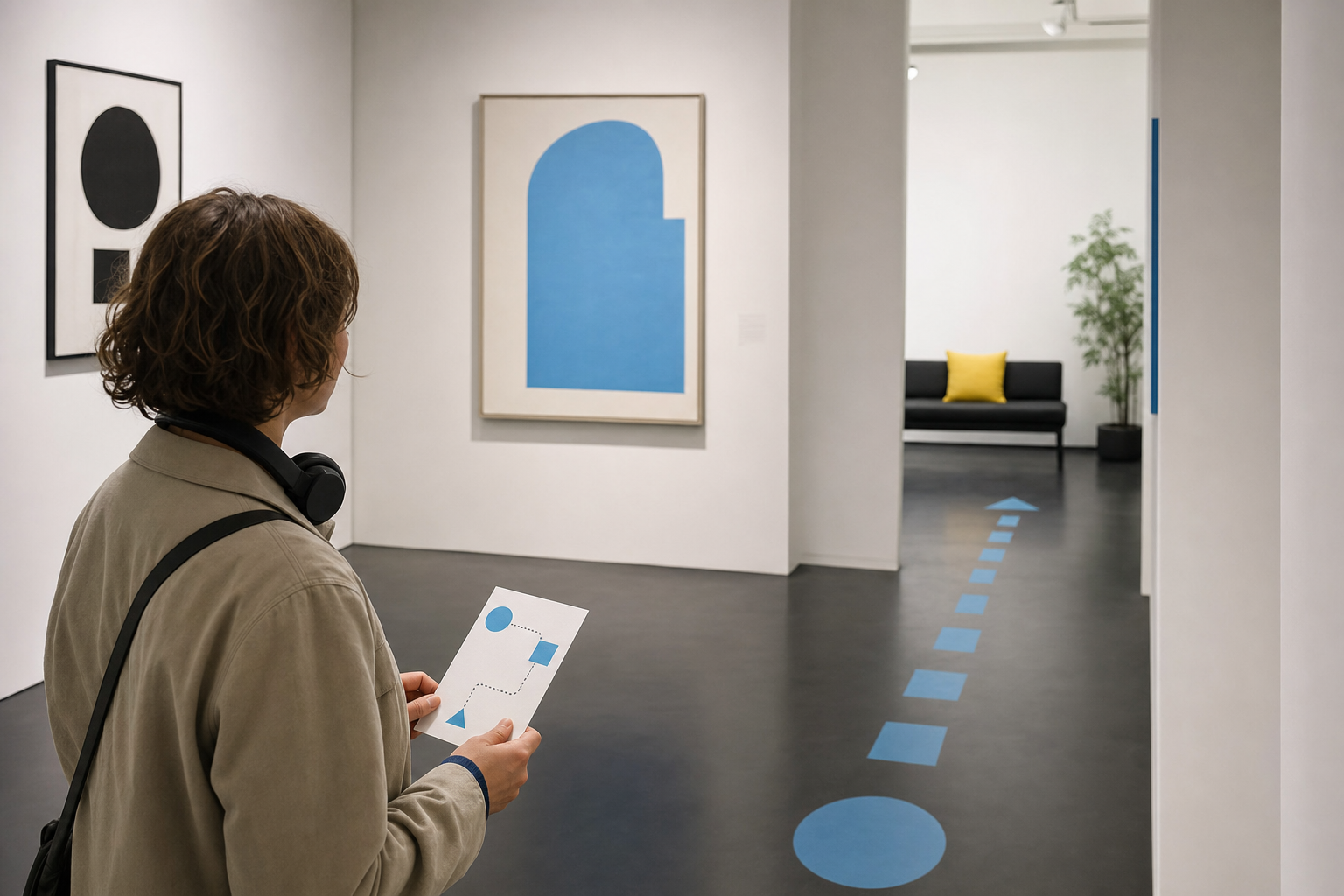 Bezoeker kiest een korte route naar een rustige zitplek in het museum